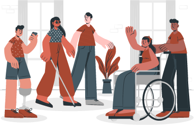Ilustração de estudantes de diversas etnias, com e sem deficiência